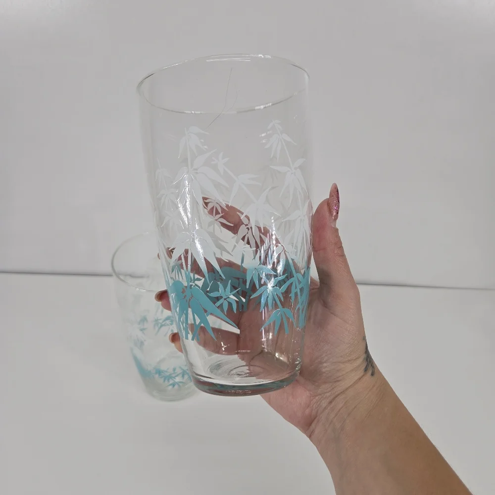 VTG Libbey Bamboo Tall Drinking Glasses Turquoise‎ & White Tumblers Tall Beach